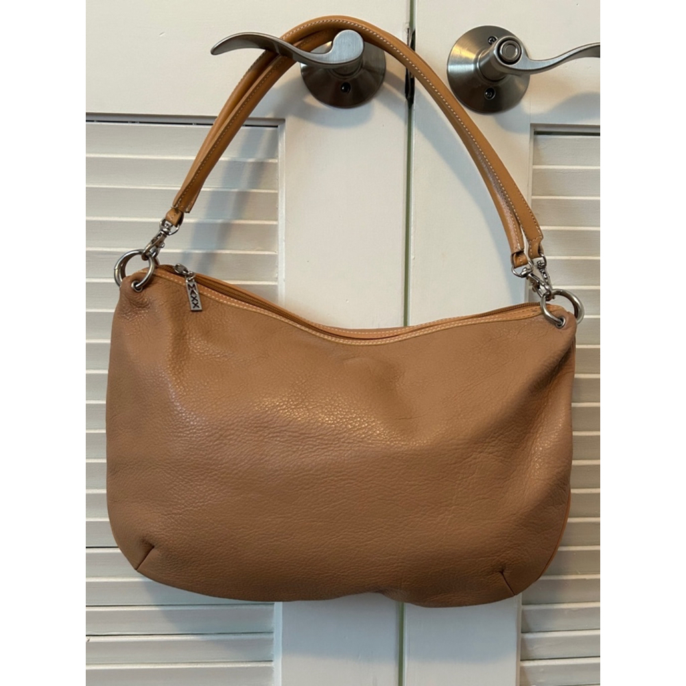 MAXX New York Tan Leather Hobo Handbag Camel Shoulder Bag Silver Hardware
